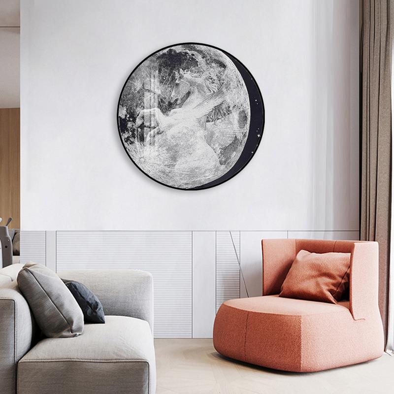 星月白马圆形装饰画客厅餐厅落地黑白抽象画卧室床头玄关小众挂画图片