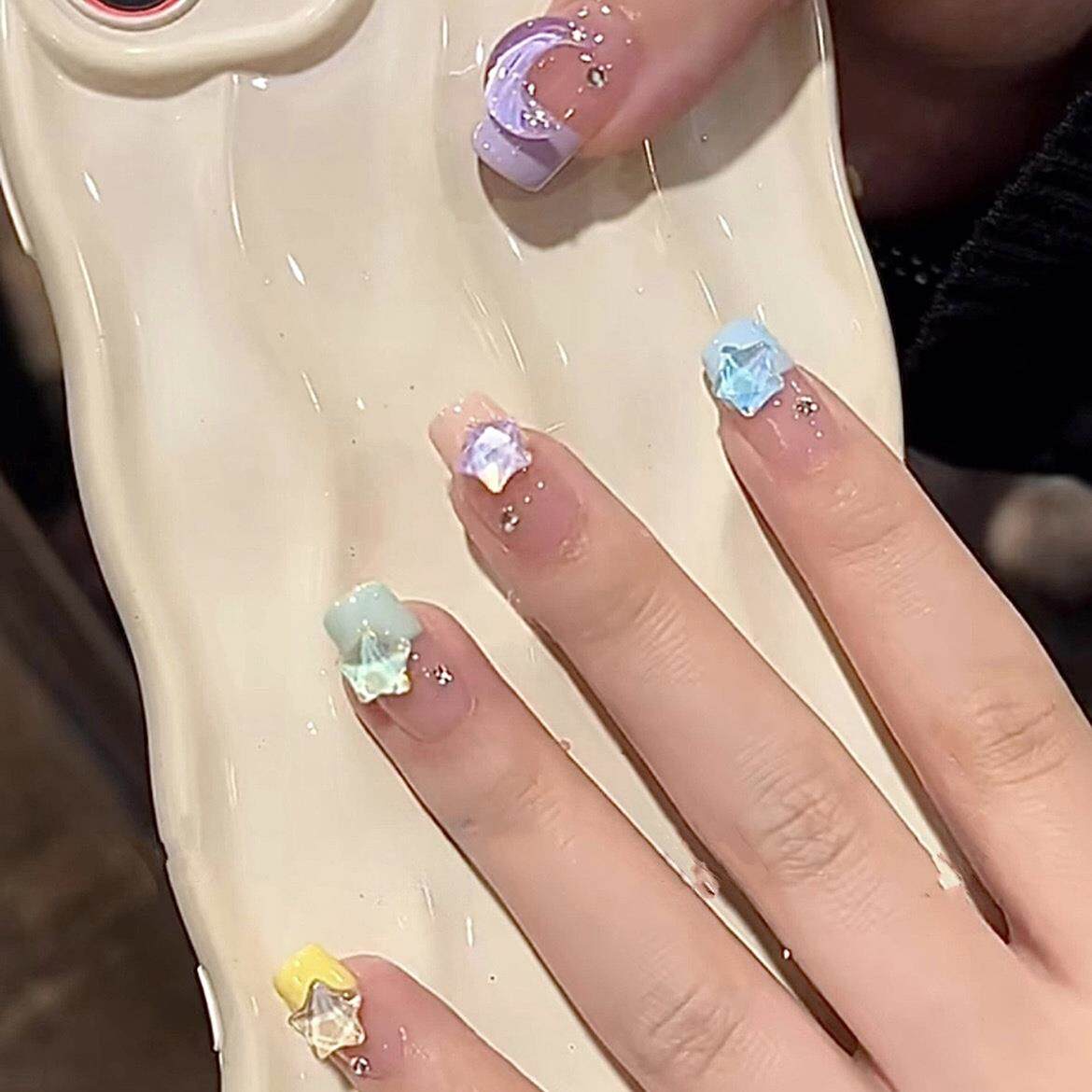 多巴胺星星奶油星月~梦幻彩虹美甲法式甜美少女心可爱手工穿戴甲