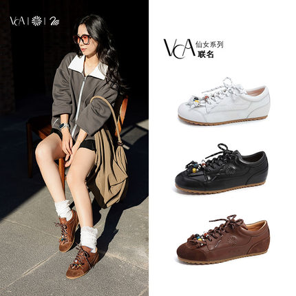 VCA（女鞋）春秋新款真皮圆头系带平底德迅鞋女珍珠百搭休闲单鞋