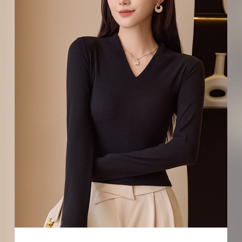 气质深v领打底衫女修身显瘦x显瘦长袖打底上衣女士内搭贴身针织衫
