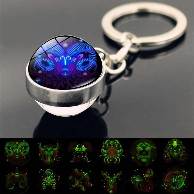 夜光十二星座钥匙扣挂件发光双面玻璃球挂饰金属钥匙链女生日礼物