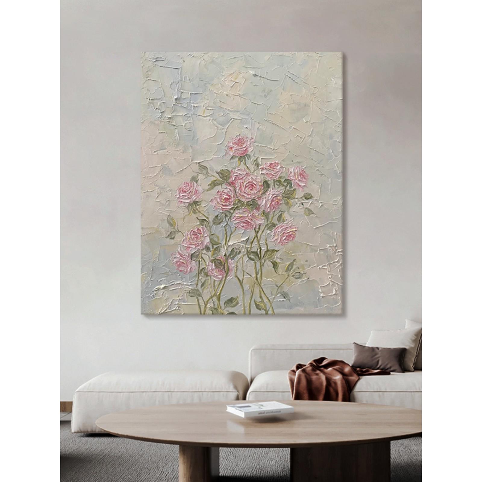 定做艺芬村花油大画玫手绘肌瑰客厅装玄饰画花卉术丙烯理画关植物