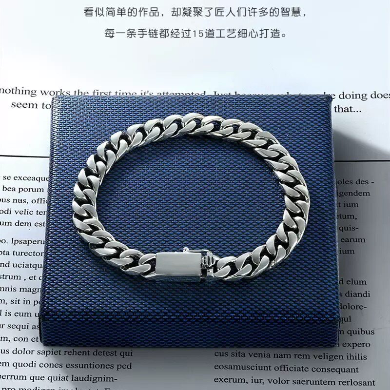 S925银古巴手链光身环套环简约个性复古泰银插销韩版男女情侣手环