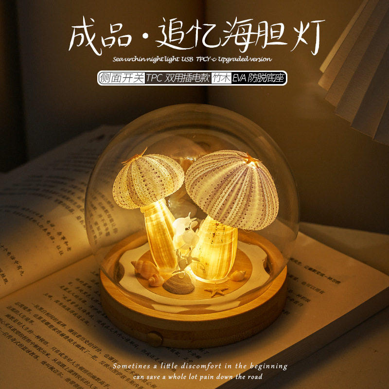 海洋海岛复古贝壳海胆海螺灯小夜灯摆件手工海胆小夜灯成品
