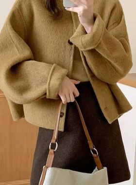 圆领短款双面羊毛大衣女2024冬季韩版宽松气质小香风毛呢外套韩系