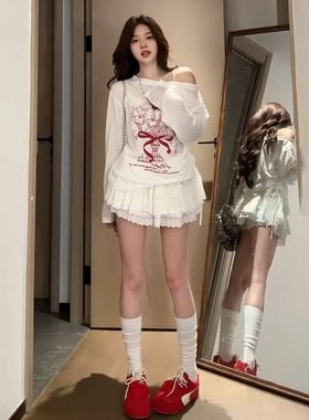 大码胖mm美式斜肩长袖t恤女夏季涂鸦印花宽松防晒罩衫慵懒风上衣