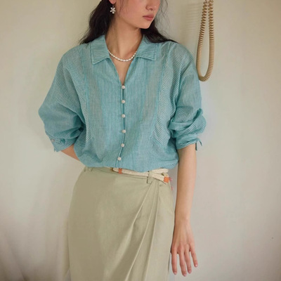 法式条纹薄款防晒衬衫女长袖春夏季2025新款休闲显瘦宽松衬衫上衣