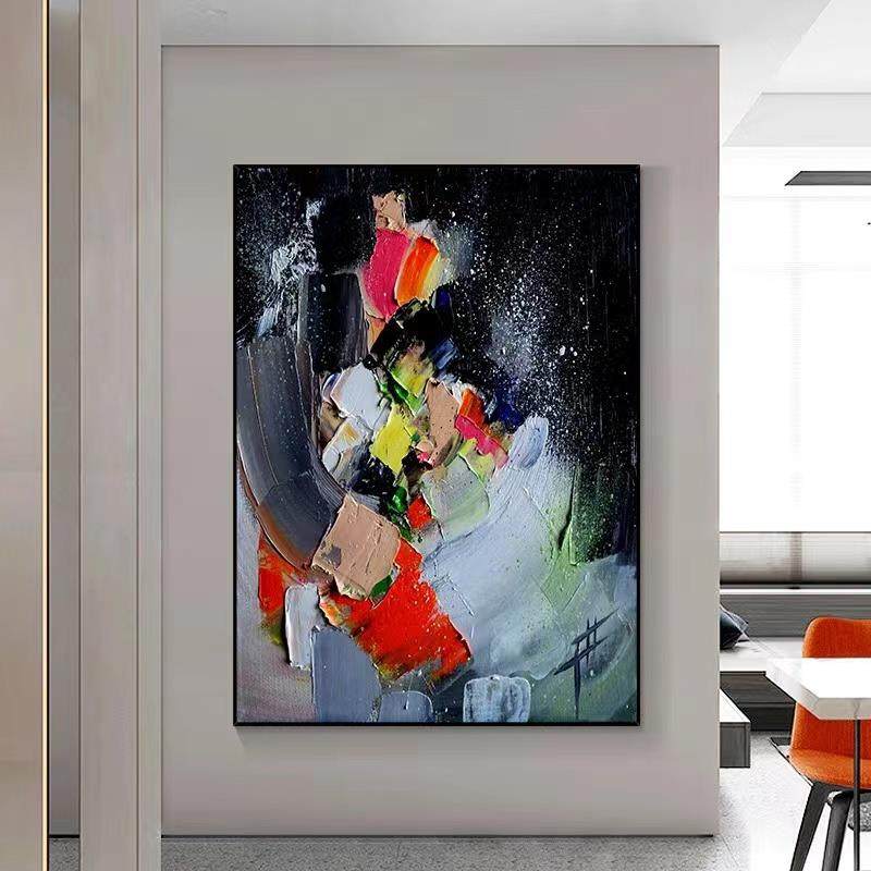 黑白手绘油画流溢彩抽象玄关客厅背景装饰画简约立体肌理挂画餐厅