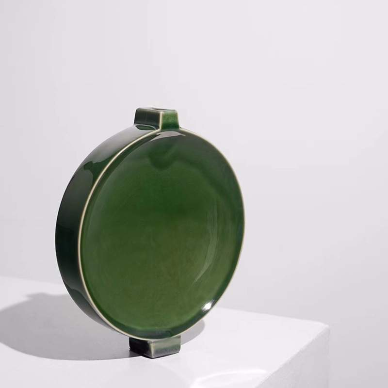 现代简约绿色陶瓷圆形花插售楼处样板间客厅茶几餐厅桌面软装饰品