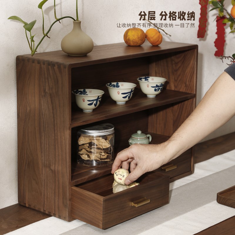 黑胡桃木桌面收纳柜餐边柜多层茶具杯子中式实木收纳架台面博古架