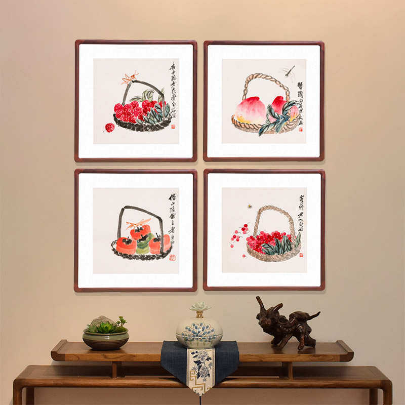 齐白石装饰画荔枝寿桃柿子图挂画水墨画中式客厅壁画餐厅斗方字画