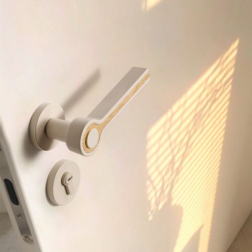 奶油风卧室门f锁室内木门家用分体磁吸房门锁米白色房间静音门把