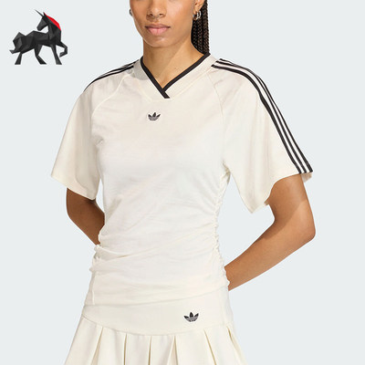 Adidas/阿迪达斯正品三叶草女士透气球衣风修身V领短袖T恤KC9122