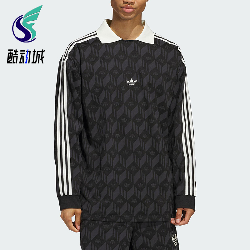 Adidas/阿迪达斯正品三叶草男女同款印花复古翻领长袖T恤JD5196