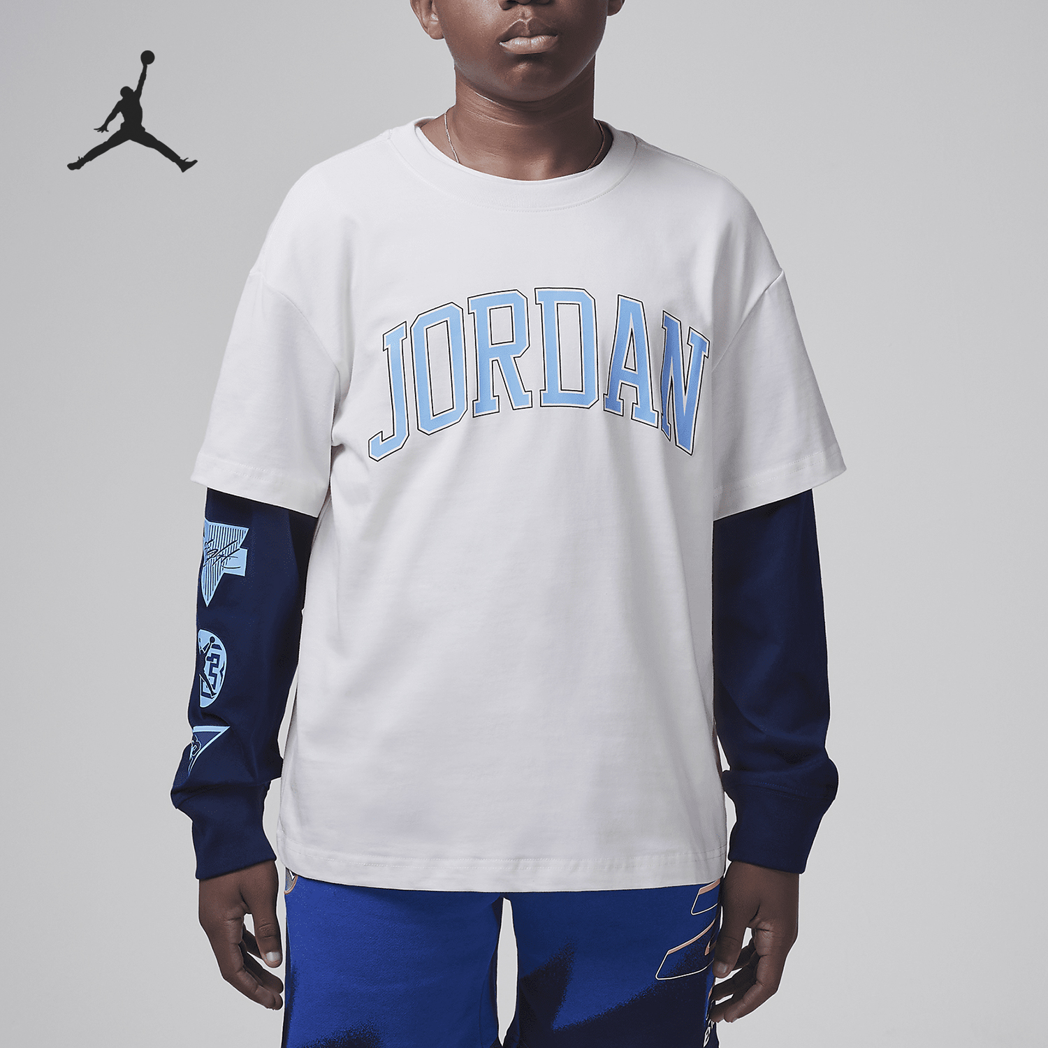 Nike/耐克正品JORDAN大童圆领拼接宽松印花长袖HV1599-133