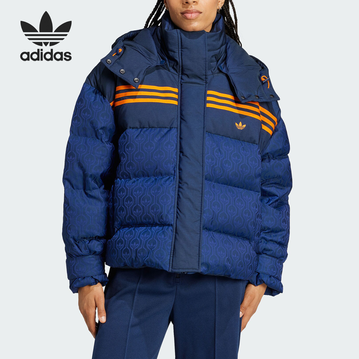 Adidas/阿迪达斯正品三叶草女士保暖连帽复古羽绒服JN7654