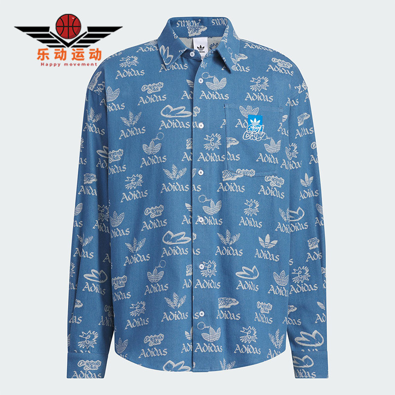 Adidas/阿迪达斯正品三叶草男士宽松翻领满印经典时尚衬衫JN1662 - 实物图
