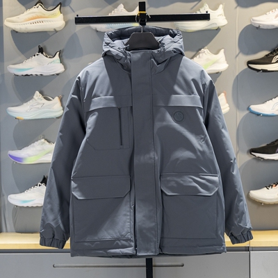 李宁正品运动生活系列男子纯色休闲保暖拉链连帽羽绒服AYMV295-5