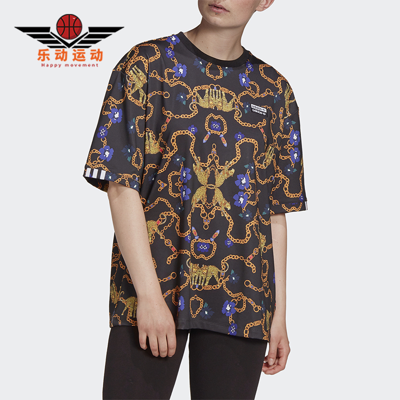 Adidas/阿迪达斯正品三叶草女士透气套头满印印花短袖T恤GD4268