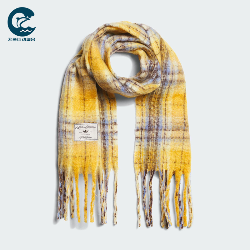 Adidas/阿迪达斯正品三叶草女士格纹绒面经典流苏运动围巾KV6601