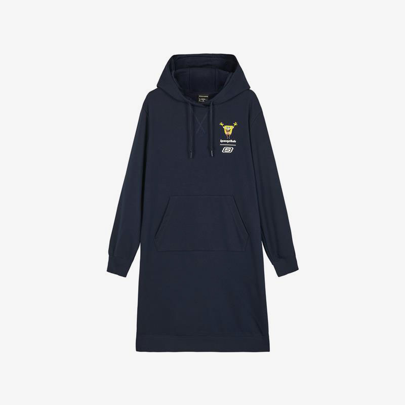 Skechers/斯凯奇正品女子连帽印花针织休闲宽松运动连衣裙