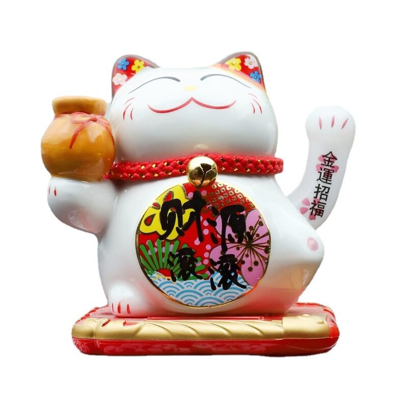 安家同款小号摇手陶瓷招财猫太阳能供电自动招手汽车摆件装饰品