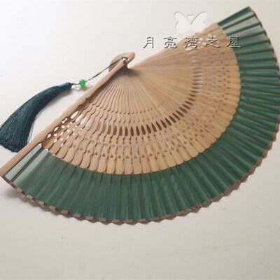月亮扇 夏季6寸女扇真丝布折扇旗袍走秀扇方便T携带小扇子白色