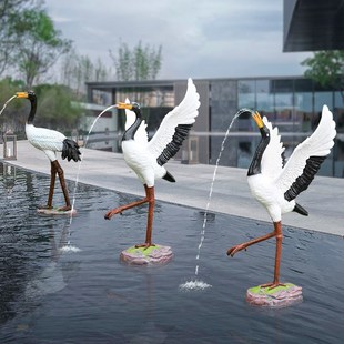仿真仙鹤雕塑喷水模型摆件户w外园林景观公园水池喷泉造景草坪装