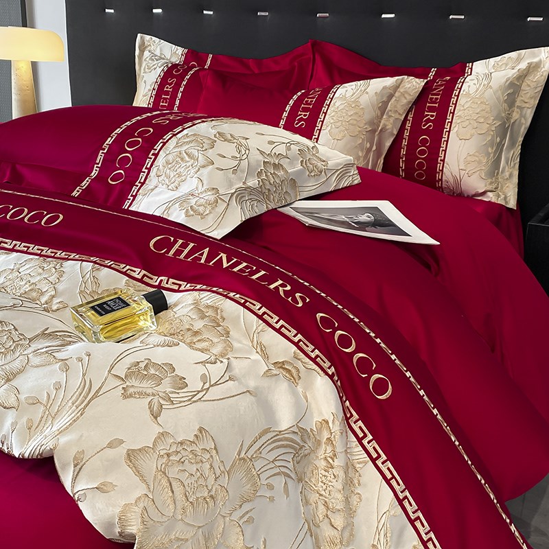 轻奢高级感结婚四件套红r色床单刺绣被套纯棉喜被喜庆婚庆床上用