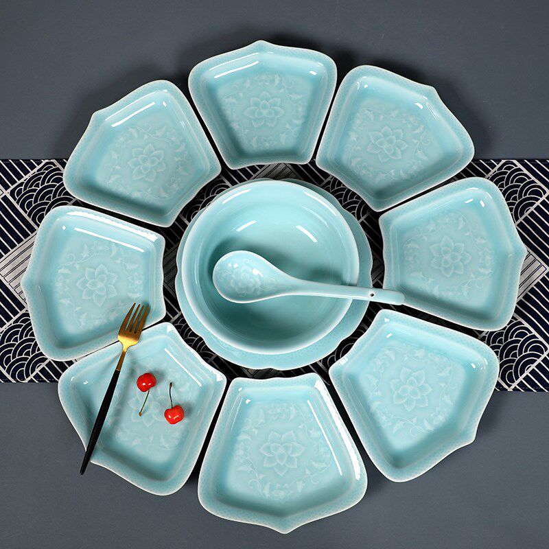 龙泉青瓷拼盘陶瓷家用盘子大号团圆年H夜饭转盘餐具缠枝牡丹花摆