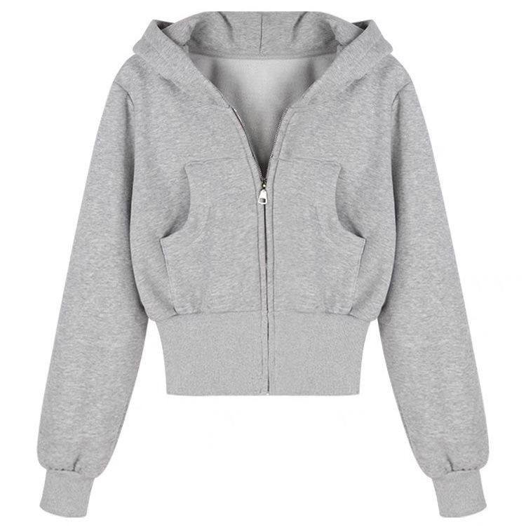 美式复古灰色连帽卫衣外套女秋季加绒加厚小个子短款收腰开衫上衣