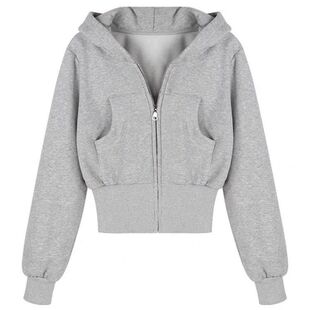 美式复古灰色连帽卫衣外套女秋季加绒加厚小个子短款收腰开衫上衣