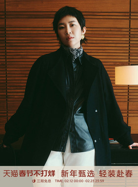 GOLDEN BARRY25秋100绵羊毛设计感黑色智感一粒扣收腰外套122188