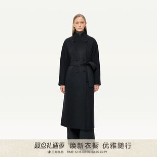 山羊绒大衣140074 高智气质立领系带黑色长款 GOLDEN BARRY25秋新款