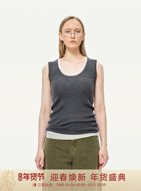 GOLDEN BARRY25秋老钱风撞色U领100绵羊毛针织背心两件套232141