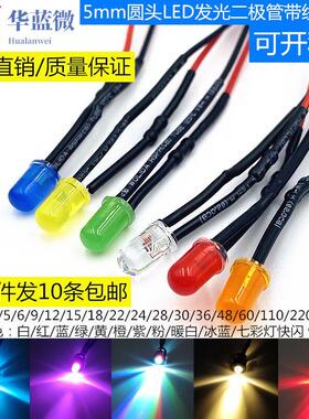 5MM超高亮LED灯5V12V24VLED带线灯珠暖白红绿蓝黄粉橙紫七彩