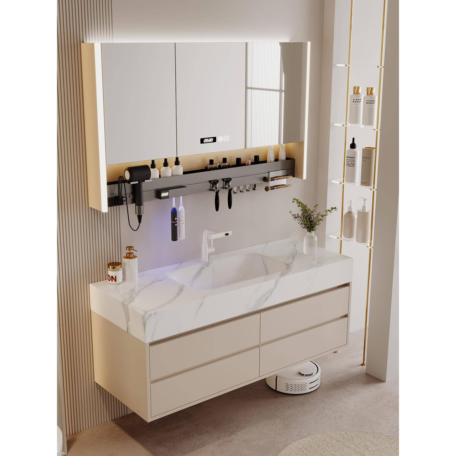 新款奶油风岩板热弯一体盆浴室柜组合卫生间洗手池洗脸盆柜洗漱台