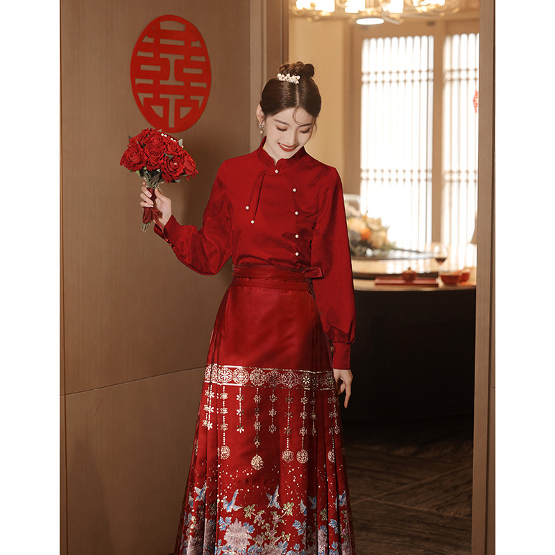 速发马面裙婚服装酒服新娘订婚服嫁衣酒红袍旗色套敬喜服结婚中式