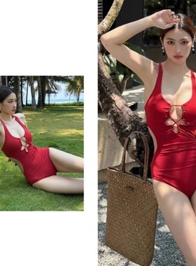 速发红色吊带连体比角空感三基尼挂脖露背镂性温泉度假
