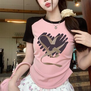 速发款码美式复古辣妹收腰撞色t恤夏季计众设小感短大上衣