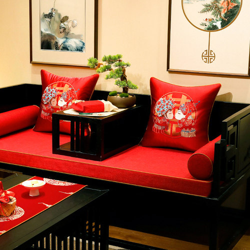 速发新中式结婚沙发垫具庆红木沙发海绵坐垫实木家喜红色套罩防滑