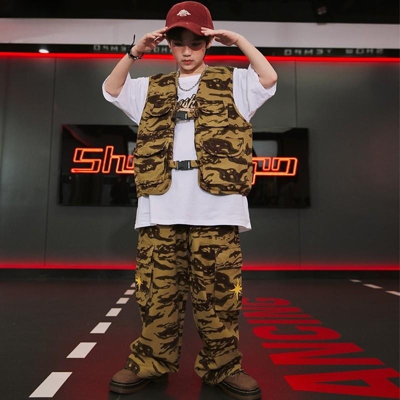 速发街舞少儿潮服迷彩马甲工装套装男孩hiphop演出服孩嘻哈表演服