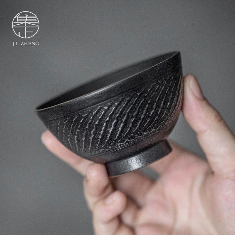 速发集正 玄黑描白金主人杯单杯 茶室个人专用茶杯手工跳刀品茗杯