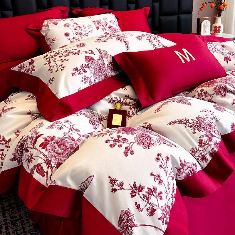 红色婚庆100支长绒棉床上四件套A全棉数码印花被套新婚高级感床品