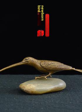 中国古玩铜器快乐鸟茶宠物桌面小装饰品纯铜鸟茶针客厅展示工艺品