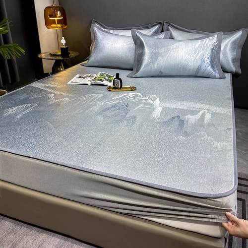 夏季冰丝凉席三件套可水洗冰丝席子床笠款折叠式高档空调软席1.8m