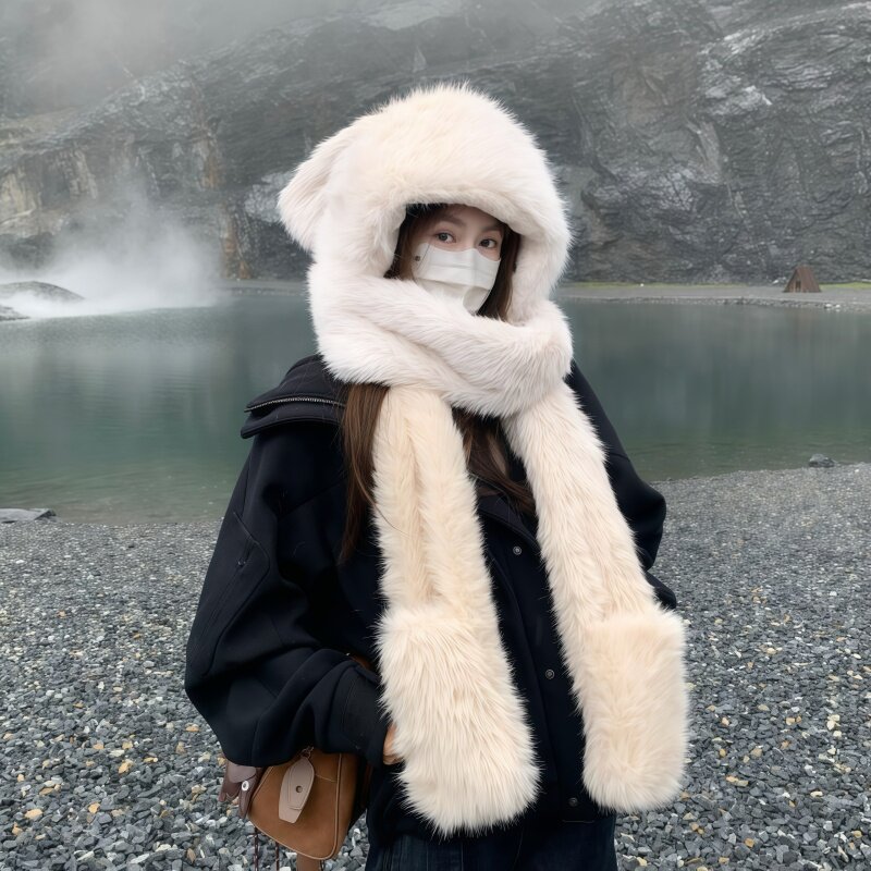 可爱毛绒小狗耳朵帽子围巾手套一体三件套女加厚保暖护脖
