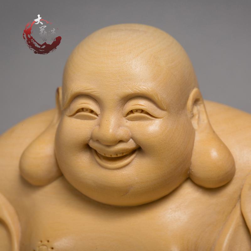 小黄杨木雕佛EIN靠像 精品实木家居雕刻工叶艺品人摆件笑面袋物弥