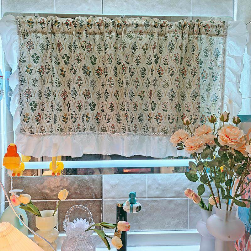 覆古碎花荷叶边布艺隔断窗镜子遮挡帘小短门帘魔术贴半帘透光不透