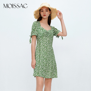 摩萨克 夏短袖连衣裙清新绿色碎花法式初恋裙茶歇裙